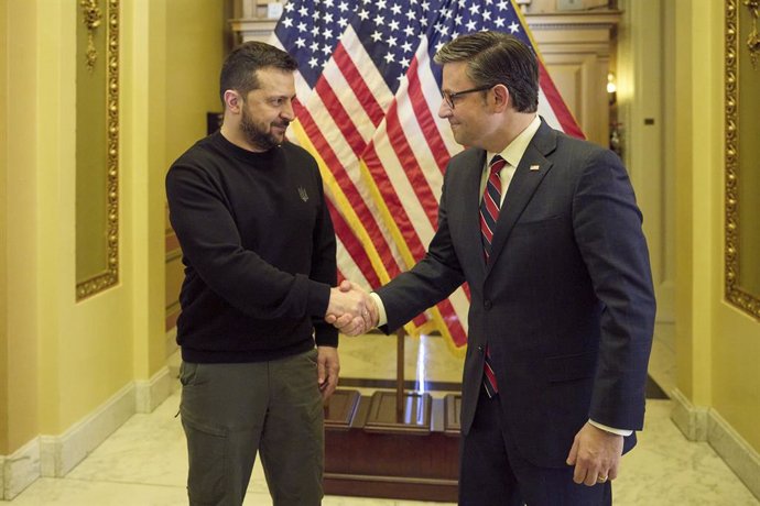 December 12, 2023, Washington, DC, United States: U.S House Speaker Mike Johnson, R-LA, right, hosts a face-to-face bilateral meeting with Ukrainian President Volodymyr Zelenskyy, left, on Capitol Hill, December 12, 2023 in Washington, D.C.