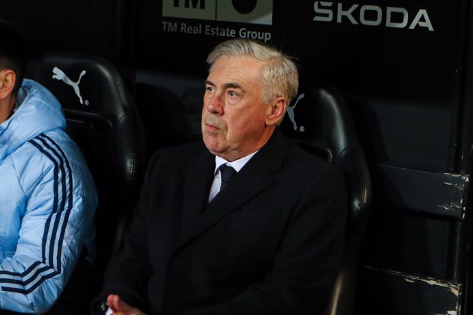 Carlo Ancelotti, head coach of Real Madrid looks on during the Spanish league, La Liga EA Sports, football match played between Valencia CF and Real Madrid at Mestalla stadium on January 3, 2025, in Valencia, Spain.