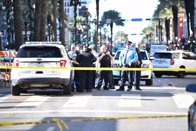 January 1, 2025, New Orleans, Louisiana, USA: Police officials investigate the scene after a driver rammed a pickup truck into a crowd at the French Quarter early on New Year's Day before being shot to death by police. At least 10 people have been confirm