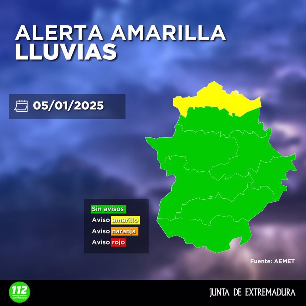 El Centro 112 activa la alerta amarilla por lluvias en el norte de Cáceres para este domingo