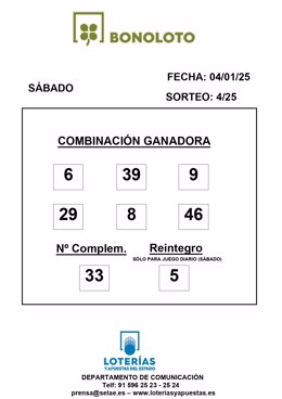 Combinación ganadora del sorteo de la Bonoloto celebrado este sábado