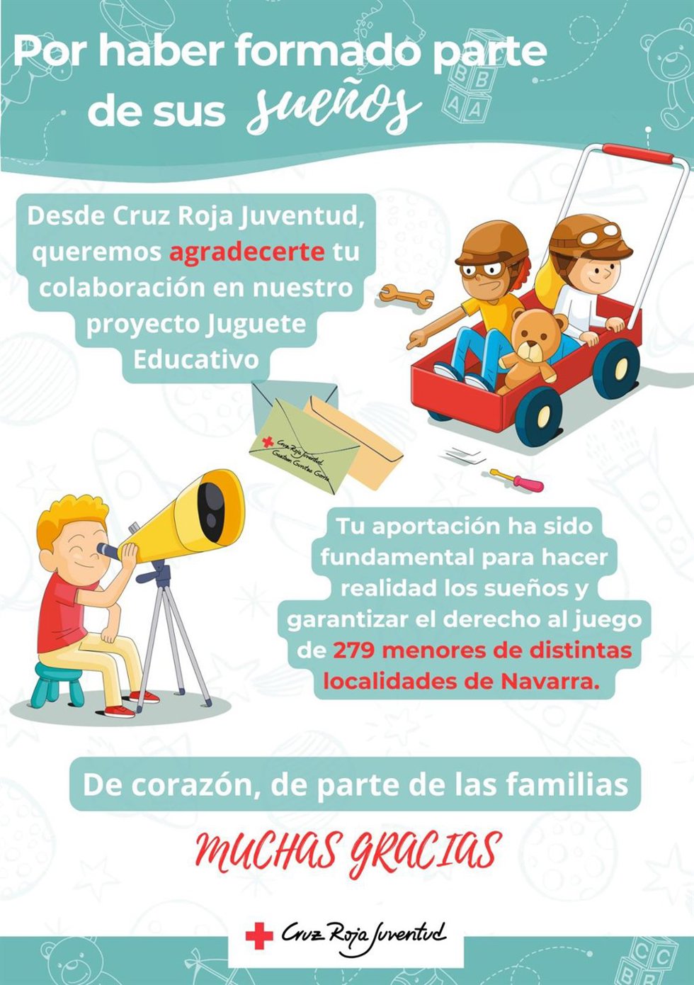 Cartel de agradecimiento por las donaciones de la campaña 'Apadrina-amadrina una carta' de Cruz Roja