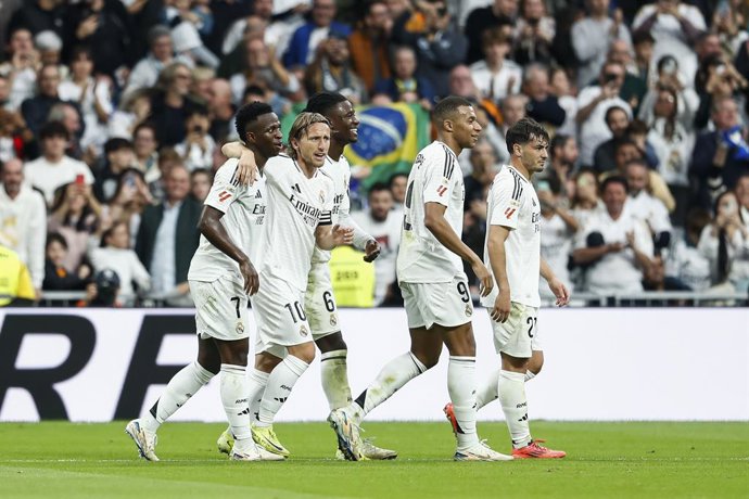 Archivo - Vinicius Junior of Real Madrid celebrates a goal during the Spanish League, LaLiga EA Sports, football match played between Real Madrid and CA Osasuna at Santiago Bernabeu stadium on November 9, 2024, in Madrid, Spain.