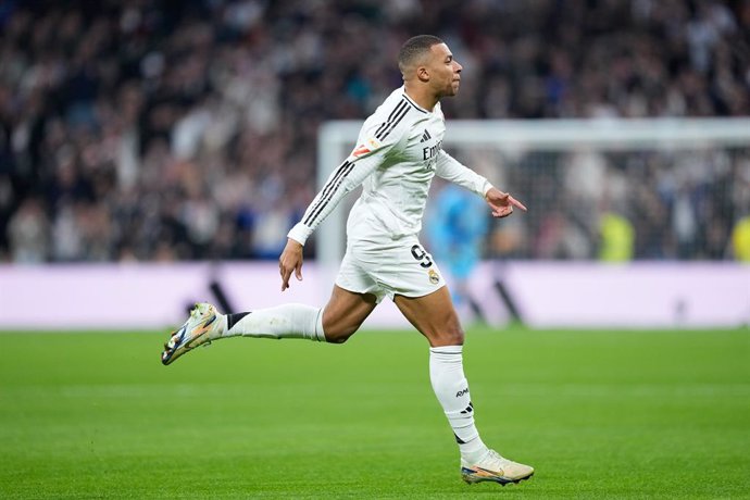 Kylian Mbappe of Real Madrid celebrates a goal during the Spanish League, LaLiga EA Sports, football match played between Real Madrid and Sevilla FC at Santiago Bernabeu stadium on December 22, 2024, in Madrid, Spain.