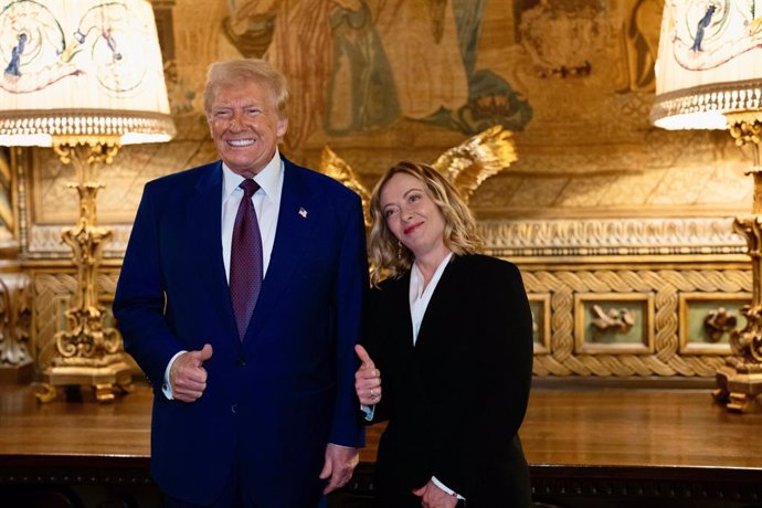 January 5, 2025, Palm Beach: This handout picture released by the Chigi Palace Press Office on 05 January 2025 shows Italian Prime Minister Giorgia Meloni meeting with US President-elect Donald Trump at his residence at Mar-a-Lago in Palm Beach, Florida, 