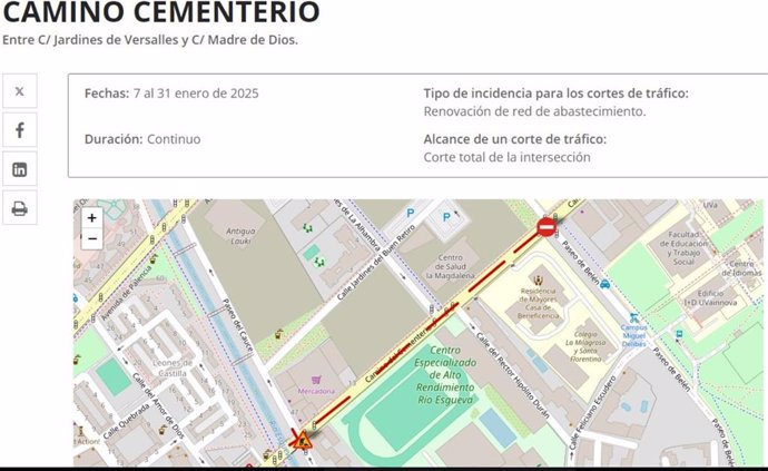 Información sobre el corte de tráfico en el camino del Cementerio de Valladolid.