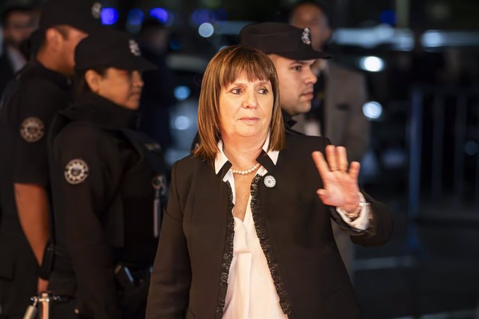 Archivo - April 24, 2024, Buenos Aires, Argentina: Minister of Security Patricia Bullrich greets the security forces prior to the annual dinner of the  Liberty Foundation. The Liberty Foundation celebrates its 36th anniversary. President Javier Milei was 