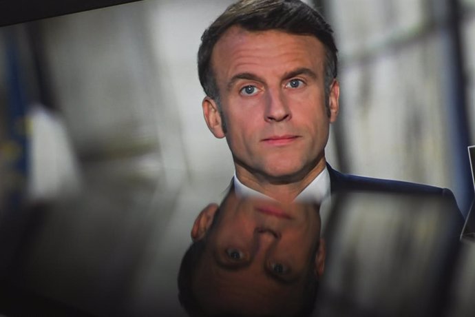 January 1, 2025, Clermont-Ferrand, Auvergne-Rhone-Alpes, France: French President Emmanuel Macron is seen on a computer screen on January 1, 2025, as he delivers his annual New Year's adress to the nation, on December 31, 2024, from the Elysee Palace.