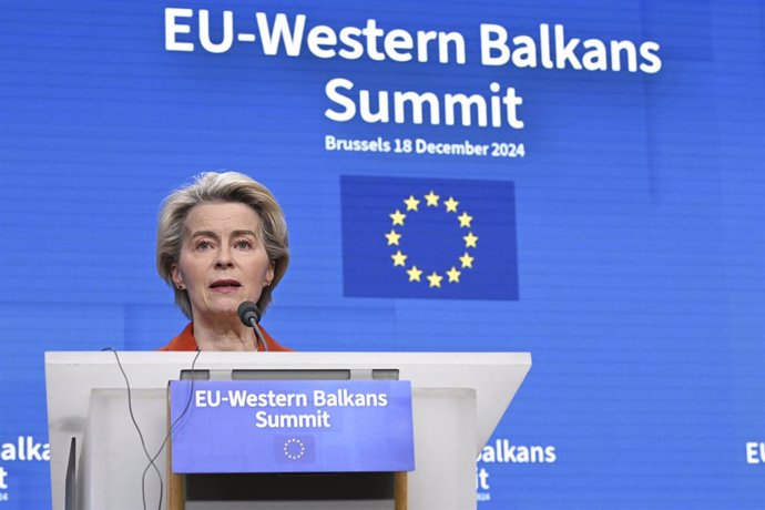 HANDOUT - 18 December 2024, Belgium, Brussels: President of the European Commission Ursula von der Leyen speaks during a press conference with President of the European Council Antonio Costa.