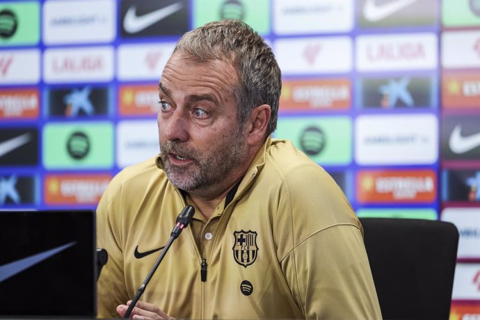 Hansi Flick, head coach of FC Barcelona attends his press conference during the training day of FC Barcelona ahead the Spanish League, La Liga EA Sports, football match against Atletico de Madrid at Ciudad Esportiva Joan Gamper on December 20, 2024 in San