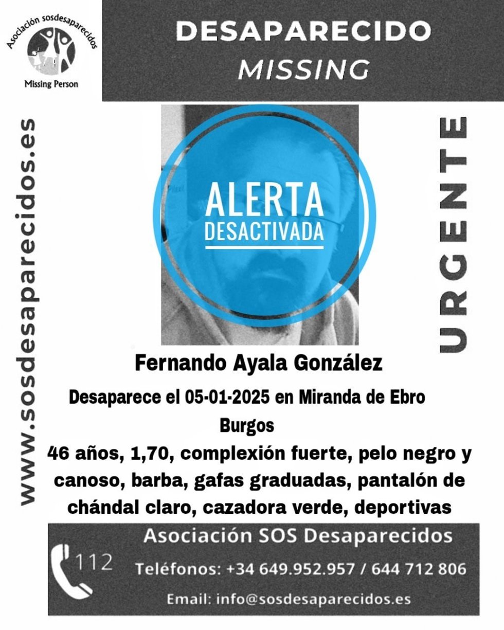 Cartel de desactivación de la búsqueda de Fernando Ayala tras haber sido localizado.