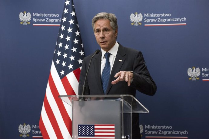 Archivo - September 12, 2024, Warsaw, Masovian Voivodeship, Poland: U.S. Secretary of State, Antony Blinken speaks at a press conference with Radoslaw Sikorski (not in view). The US Secretary of State Antony Blinken arrived in Warsaw and met with Radoslaw