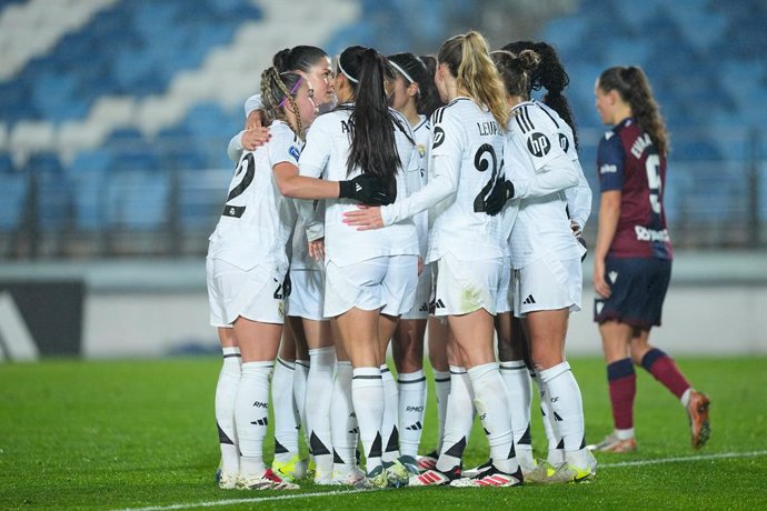 Athenea del Castillo of Real Madrid celebrates a goal with teammates during the Spanish Women League, Liga F, football match played between Real Madrid and Levante UD at Alfredo Di Stefano stadium on January 8, 2025, in Valdebebas, Madrid, Spain.