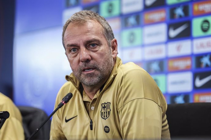 Hansi Flick, head coach of FC Barcelona attends his press conference during the training day of FC Barcelona ahead the Spanish League, La Liga EA Sports, football match against Atletico de Madrid at Ciudad Esportiva Joan Gamper on December 20, 2024 in San