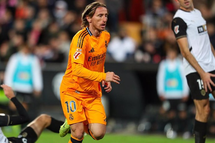 Luka Modric of Real Madrid celebrates a goal during the Spanish league, La Liga EA Sports, football match played between Valencia CF and Real Madrid at Mestalla stadium on January 3, 2025, in Valencia, Spain.