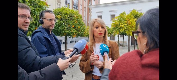 La portavoz del Grupo Parlamentario Socialista en la Asamblea de Extremadura, Piedad Álvarez, atiende a los medios