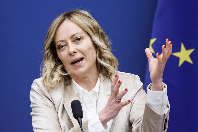 09 January 2025, Italy, Rome: Italy's Prime Minister Giorgia Meloni gestures during the press conference organized by National council of the Order of journalists and the Parliamentary press association. Photo: Roberto Monaldo/LaPresse via ZUMA Press/dpa