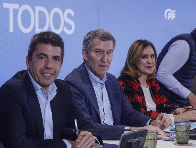 (I-D) El presidente de la Generalitat Valenciana y del PPCV, Carlos Mazón; el presidente del Partido Popular, Alberto Núñez Feijóo y la alcaldesa de Valencia, María José Catalá, durante un encuentro de trabajo con alcaldes y cargos del PP de Valencia en e