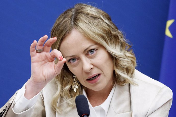 09 January 2025, Italy, Rome: Italy's Prime Minister Giorgia Meloni gestures during the press conference organized by National council of the Order of journalists and the Parliamentary press association. Photo: Roberto Monaldo/LaPresse via ZUMA Press/dpa