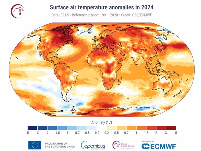 Anomalías de la temperatura del aire en la superficie para 2024 en relación con el promedio del período de referencia 1991-2020.