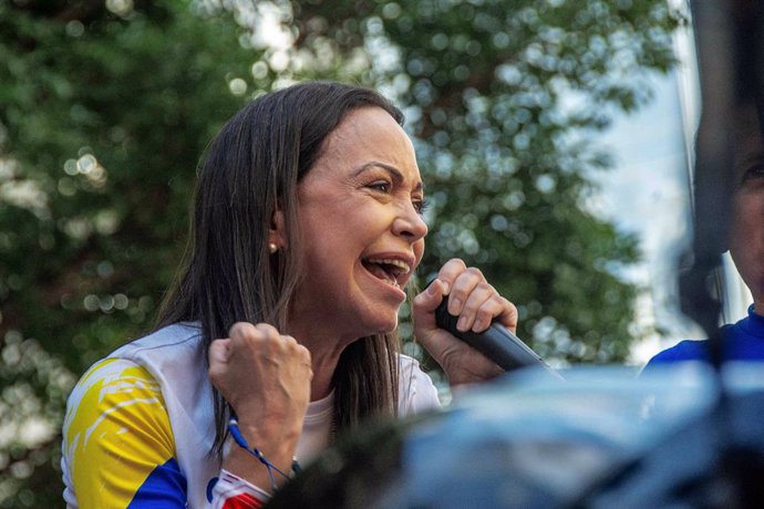 January 9, 2025, Caracas, Miranda, Venezuela: The leader of the opposition Maria Corina Machado, appears at the rally of the opposition called by her, in the streets of Caracas...Government and opposition marches and rallies prior to the presidential inau