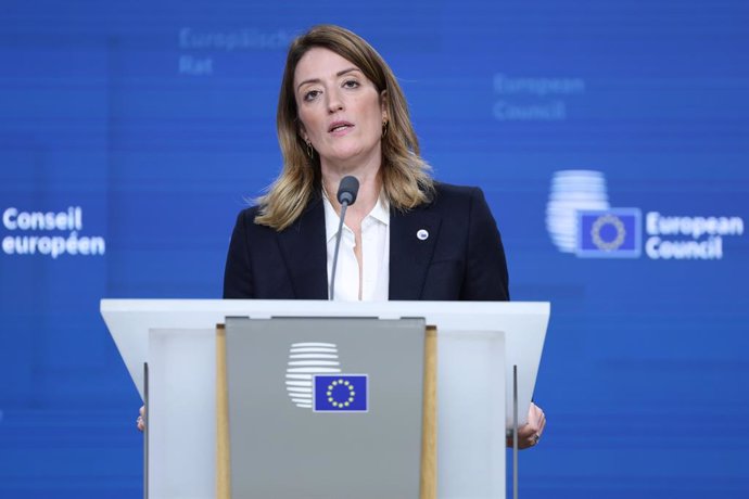 HANDOUT - 19 December 2024, Belgium, Brussels: European Parliament President Roberta Metsola speaks during a press conference on the sidelines of the European Council summit. Photo: Frederic GARRIDO-RAMIREZ/European Council/dpa - ATTENTION: editorial use 