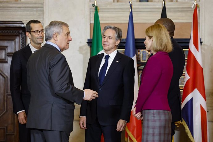 January 9, 2025, Rome, ITALY: (L-R) Gunter Sautter, German Political Director of the Ministry of Foreign Affairs, Italian Foreign Minister Antonio Tajani, US Secretary of State Antony Blinken and EU High Representative for Foreign Affairs and Security Pol