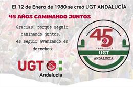 Cartel del 45 aniversario de la fundación de UGT Andalucía.