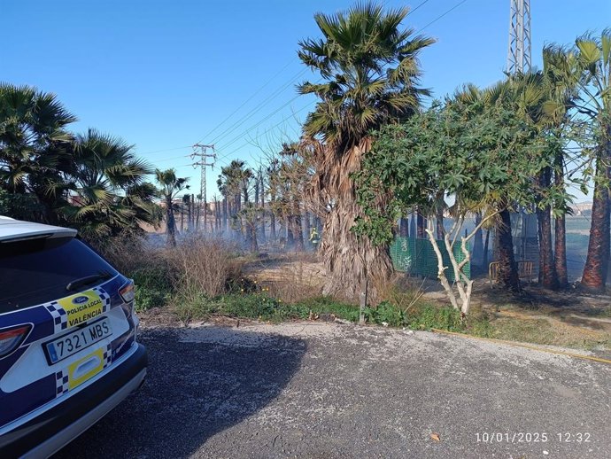 Un incendi calcina una barraca, matolls i palmeres junt amb la Ronda Nord de València, sense danys personals