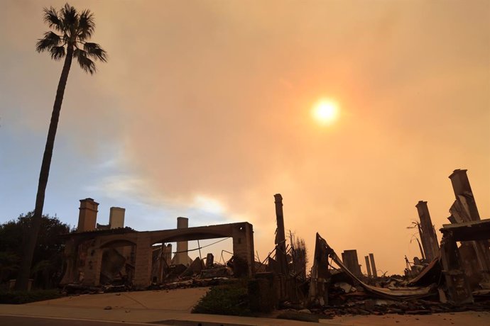 January 9, 2025, Malibu, California, USA: Remnants of a homes in a neighborhood in Pacific Palisades flattened by the Palisades fire