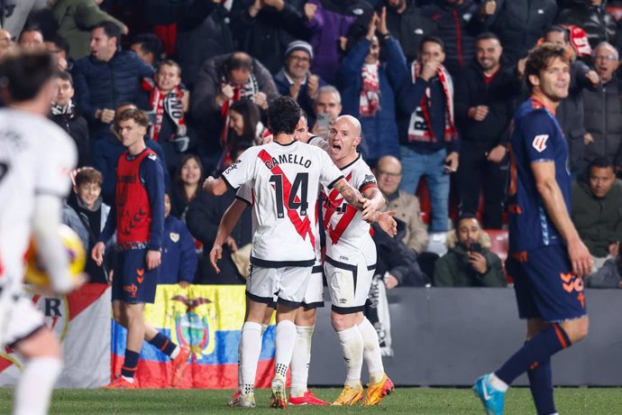 Jorge de Frutos of Rayo Vallecano celebrates a goal with teammates during the Spanish League, LaLiga EA Sports, football match played between Rayo Vallecano and RC Celta de Vigo at Estadio de Vallecas on January 10, 2025, in Madrid, Spain.