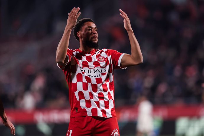 Arnaut Danguma of Girona FC celebrates a goal during the Spanish league, La Liga EA Sports, football match played between Girona FC and Real Valladolid at Estadio de Montilivi on December 20, 2024 in Girona, Spain.