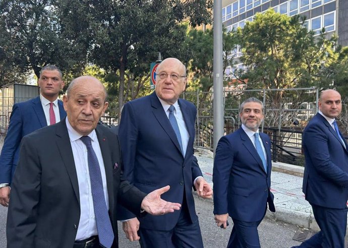 January 9, 2025, Beirut, Beirut, Lebanon: Lebanese Prime Minister Najib Mikati receives French Presidential Envoy Jean-Yves Le Drian at the Grand Serail in Beirut, Lebanon, on January 09, 2025