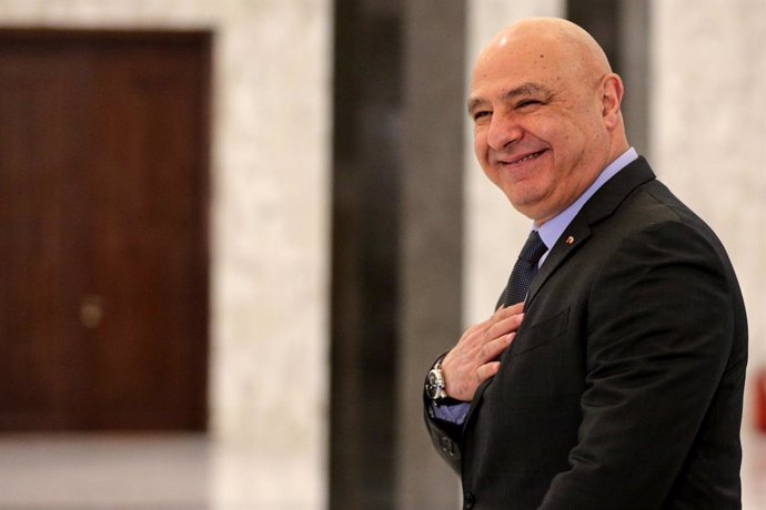 January 10, 2025, Baabda, Lebanon: Lebanese President Joseph Aoun flashes a smile as he walks to receive his Cypriot counterpart Nikos Christodoulides at Baabda presidential palace southeast of Beirut. Christodoulides is the first foreign head of state to