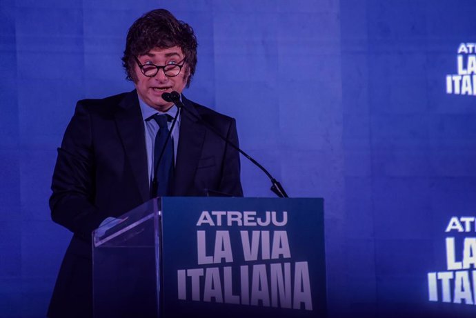 December 14, 2024, Rome, Italy: The President of Argentina Javier Milei attends the Fratelli d'Italia gathering 'Atreju' in Rome. Founded in 1990, the Atreju festival was originally a right wing event organised by the Fratelli d'Italia (Brothers of Italy)