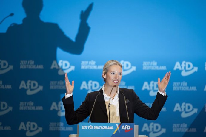 11 January 2025, Saxony, Riesa: Alice Weidel, AfD (Alternative for Germany) national chairwoman, speaks at his party's national convention. In Riesa, the AfD plans to adopt its election manifesto and officially nominate party leader Weidel as its candidat