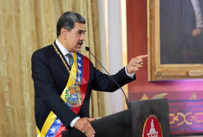 El presidente de Venezuela, Nicolás Maduro, durante el acto de toma de posesión, en la sede de la Asamblea Nacional, a 10 de enero de 2025, en Caracas (Venezuela). El presidente de Venezuela ha tomado posesión de su cargo tras las elecciones del pasado 28