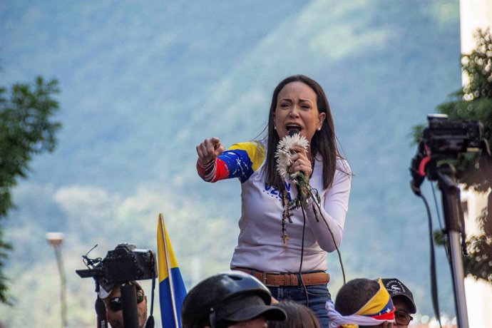 January 9, 2025, Caracas, Miranda, Venezuela: The leader of the opposition Maria Corina Machado, appears at the rally of the opposition called by her, in the streets of Caracas...Government and opposition marches and rallies prior to the presidential inau