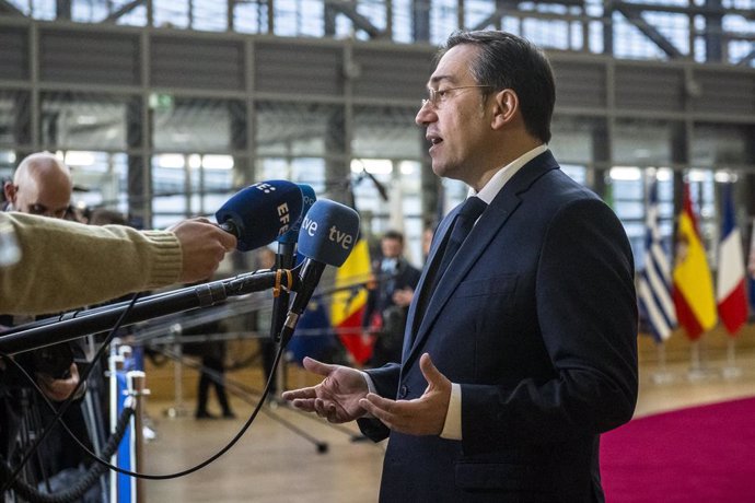 December 16, 2024, Brussels, Bxl, Belgium: Jâ€osé Manuel Albares Bueno, Spanish Foreign Minister  talks to the press prior to the European Union Foreign Affairs Council (FAC) session in Brussels, Belgium on 16/12/2024.  Key topics included sanctions agai