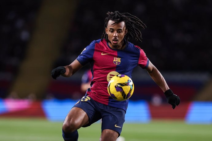 Jule Kounde of FC Barcelona in action during the Spanish league, La Liga EA Sports, football match played between FC Barcelona and Atletico de Madrid at Estadio Olimpico de Montjuic on December 21, 2024 in Barcelona, Spain.