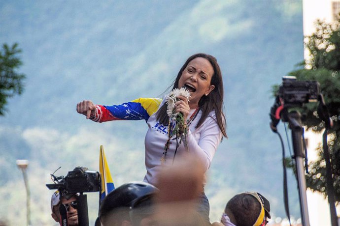 January 9, 2025, Caracas, Miranda, Venezuela: The leader of the opposition Maria Corina Machado, appears at the rally of the opposition called by her, in the streets of Caracas...Government and opposition marches and rallies prior to the presidential inau