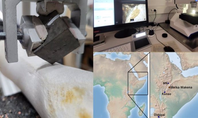 Izquierda: actividad experimental sobre huesos largos; Arriba a la derecha: imágenes de las muestras experimentales; Abajo a la derecha: mapa con la ubicación del caso de estudio (Melka Wakena)