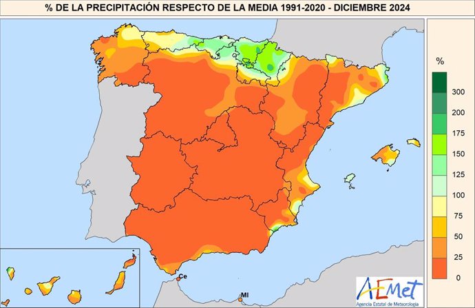 Porcentaje de la precipitación con respecto a la media 1991-2020 en diciembre de 2024.