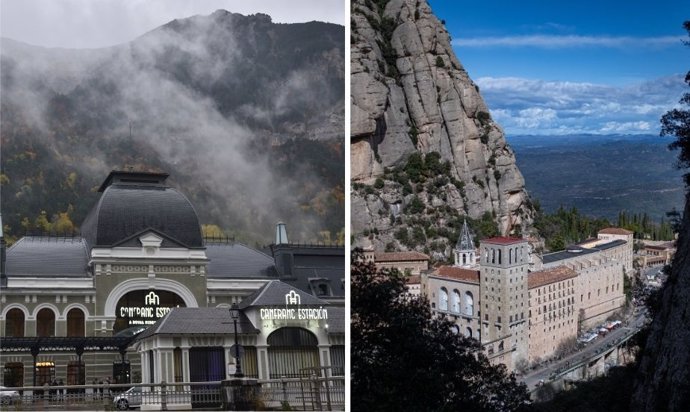 Collage de la estación de Canfranc (Huesca) y el monasterio de Montserrat (Barcelona)