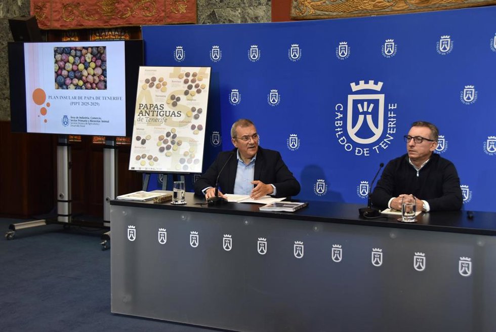El consejero de Sector Primario del Cabildo de Tenerife, Valentín González, y el jefe de servicio de Agricultura, Domingo Ríos, en la presentación del plan insular de la papa