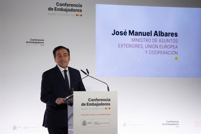 El ministro de Asuntos Exteriores, Unión Europea y Cooperación, José Manuel Albares, interviene durante la IX Conferencia de Embajadores, en el Ministerio de Asuntos Exteriores, Unión Europea y Cooperación, a 13 de enero de 2025, en Madrid (España). Hoy