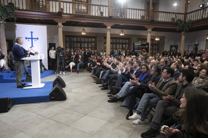 El presidente del PP, Alberto Núñez Feijóo, interviene durante la clausura del acto de presentación de la 'Declaración de Asturias', en el Hotel de la Reconquista, a 12 de enero de 2025, en Oviedo, Asturias (España). 