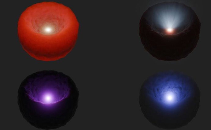 En esta concepción artística, un agujero negro supermasivo rodeado por un toro de gas y polvo se representa en cuatro longitudes de onda de luz diferentes.