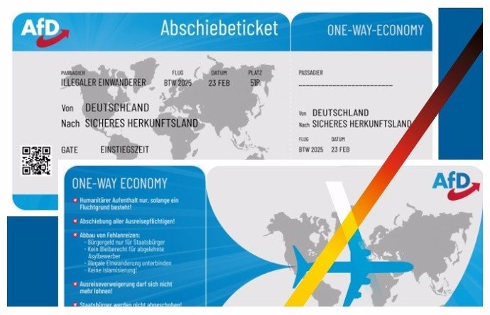 Panfleto de AfD con forma de billete de avión para la deportación de inmigrantes