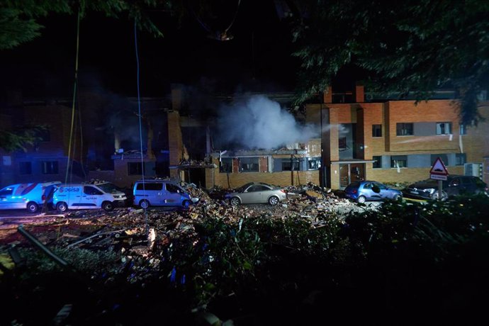 Fachada del edificio afectado por la explosión, a 13 de enero de 2025, en Noáin, Navarra (España). Siete personas han resultado heridas tras una explosión de gas que se ha registrado este lunes, 13 de enero, en un edificio de dos plantas en Noáin (Navarra